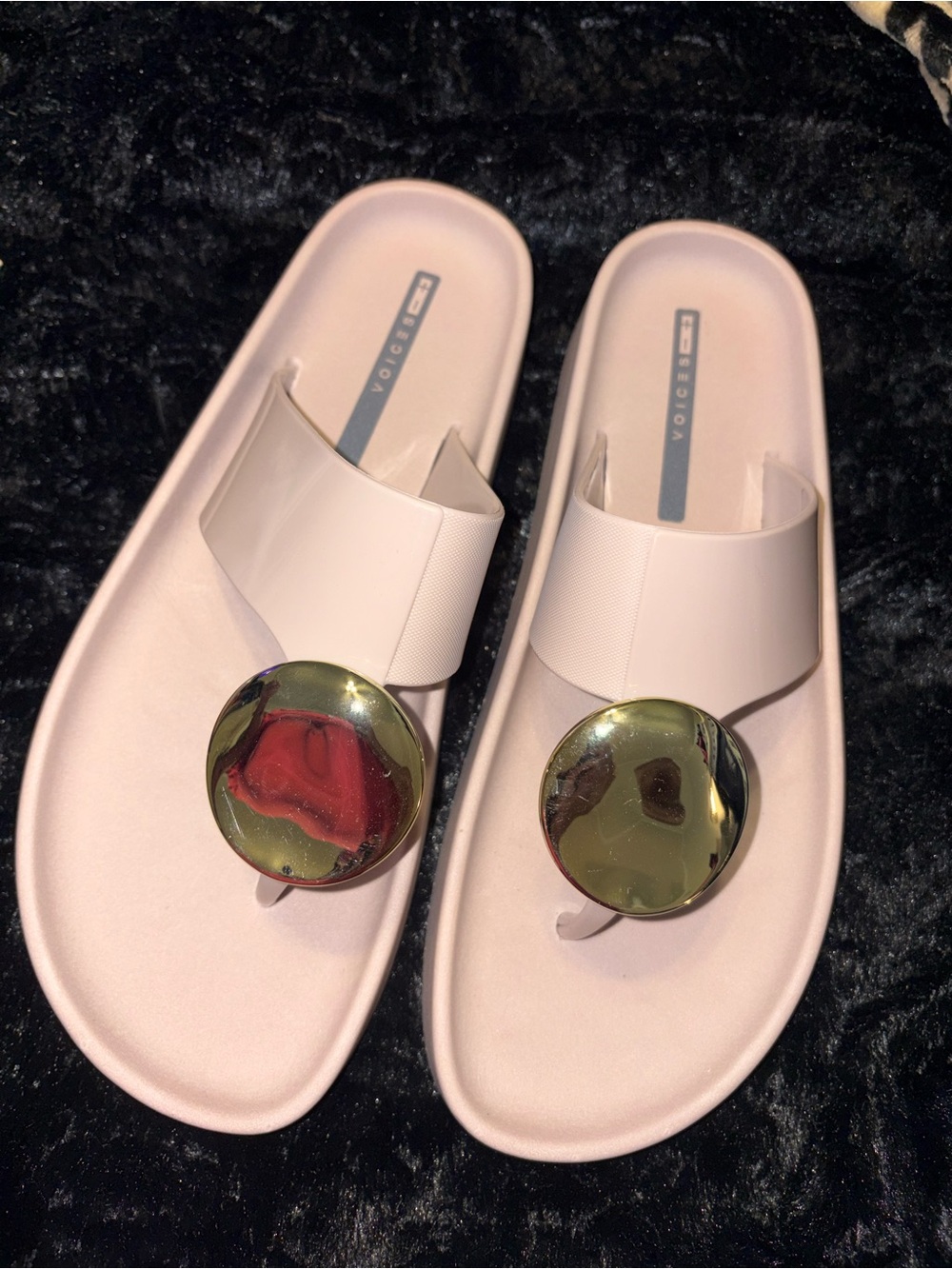 Women’s Pink Slide Sandals with Gold Medallion Accent